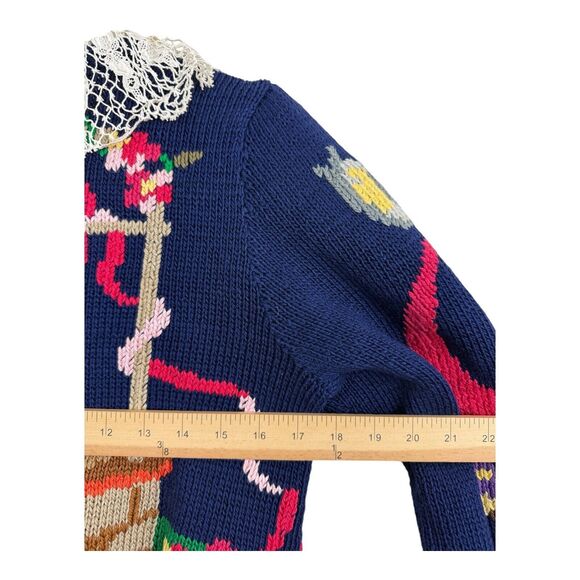 Berek Hand Knit Sweater Sz Petite Lace Collar Vtg 80s Wishing Well Flowers Cat - Picture 9 of 11